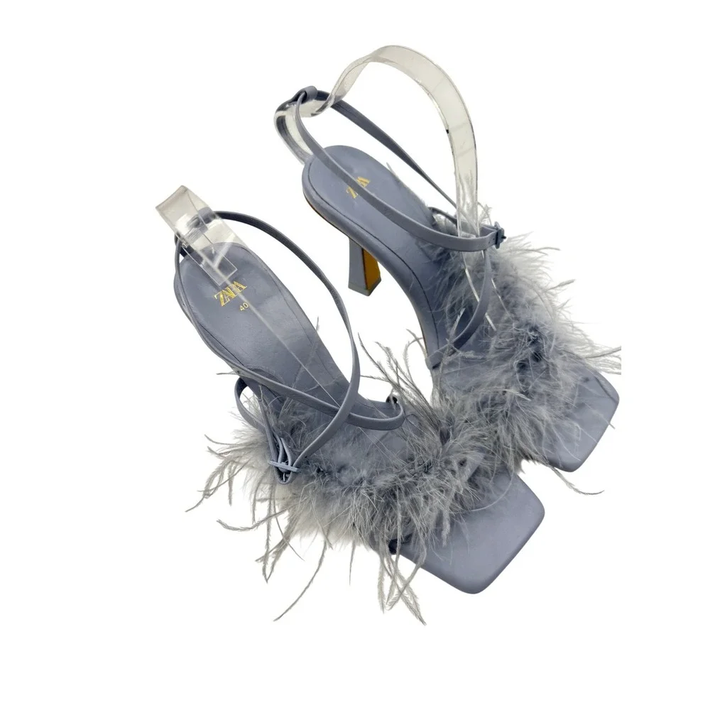 Zara Sandals Feather Ankle Strap Periwinkle Blue Size 40 Square Toe Block Heel - Picture 3 of 10